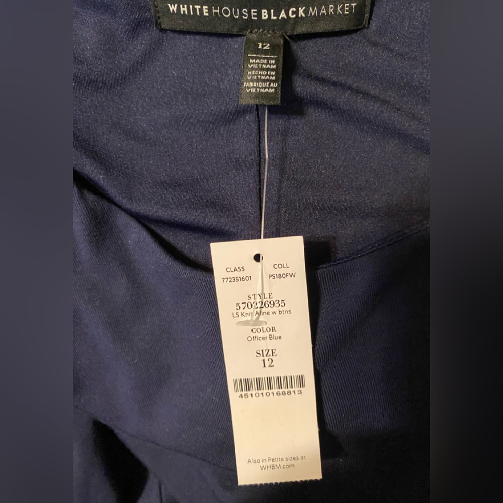 White House Black Market Navy LS Knit A-line w/btns Long Sleeve Dress  12 NWT - Picture 7 of 11